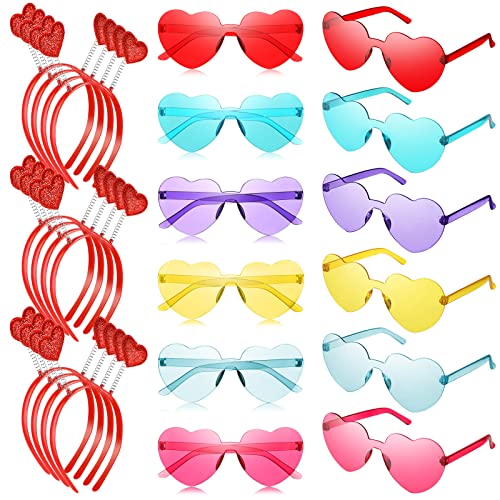 MTLEE 24 Pcs Valentines Heart Head Boppers Headbands and Heart Shape Sunglasses Valentines Party Supplies Wedding Photo Prop - color: Red With Multicolored