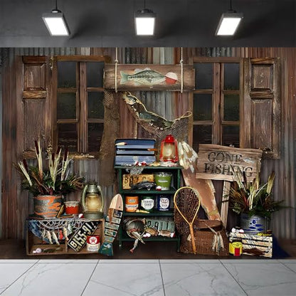 Rustic Wood Gone Fishing Photography Backdrop Gone Fishing Boy Girl Birthday Party Decoration Background Brown Wood Board Child Portrait Backdrop Baby Shower Dessert Cake Table Banner (9X6FT) - size: 9X6FT