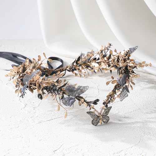 MOSTORY Handmade Fairy Butterfly Crown - Elf Flower Hadpiece Elven Headband for Women s Spring Wedding Maternity Shoot - color: Black-gold