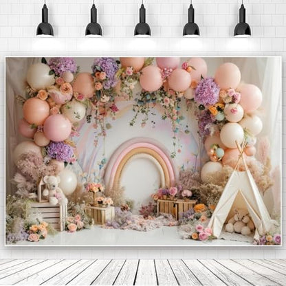 Newborn Baby 1st Birthday Photography Backdrop - Balloons Tent Flower Decor Background for Kids Birthday Party Baby Shower Portrait Cake Smash Props (6x4ft) - size: 6x4ft