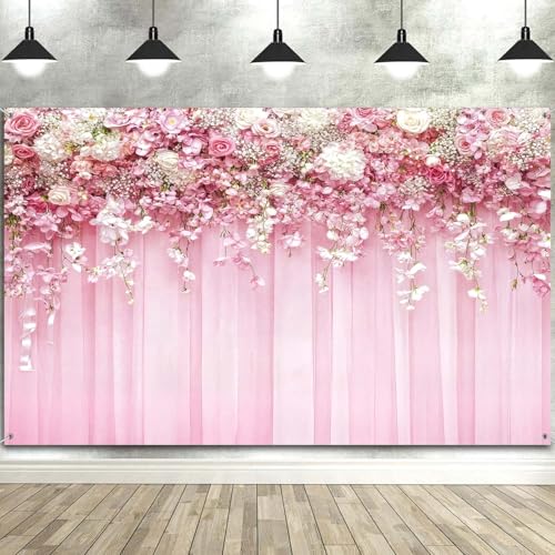 7x5ft Pink Flowers Wall Backdrop Romantic Pink White Rose Floral Bridal Backdrop Girls Woman Birthday Party Tea Party Baby Shower Anniversary Photography Background Wedding Photo Shoot Props - color: Floral, size: 7X5FT