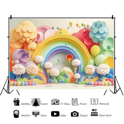 9x6ft Candy Land Backdrop Photography Cartoon Rainbow Hot Air Balloon Fantasy Flower Colorful Photography Background Baby Shower Birthday Party Wedding for Kid Adult Video Studio - size: 9x6ft