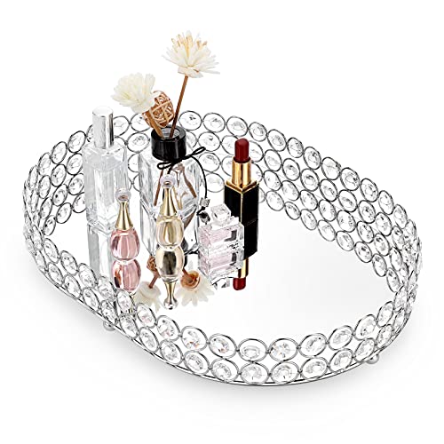Hipiwe Crystal Vanity Tray, Mirrored Dresser Perfume Trays for Makeup Tray Cosmetic Skin Care Storage, Jewelry Trinket Organizer Tray for Bathroom Countertop Home Decor, Large - size: 13.8" x 9.8" x 2.2"