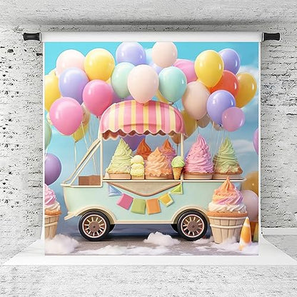 Kate Ice Cream Backdrop Rainbow Ballon Birthday Party Decoration Background Chilldren Photoshoot Props, 8x8ft - size: 8x8ft