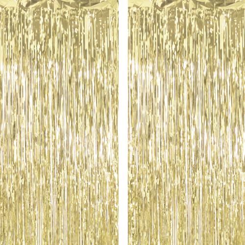 2 Pack Thickened Light Gold Metallic Foil Fringe Curtains Streamer Rip Resistant Shimmer Tinsel Photo Booth Backdrop for Birthday Wedding Christmas Bachelorette Party Decorations 3.28ft x 6.56ft - color: Light Gold, size: 2 Pack