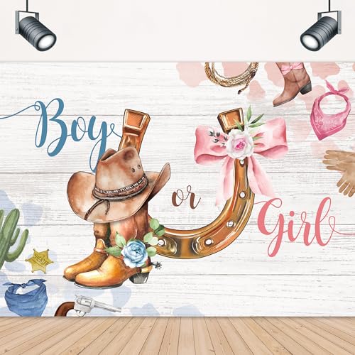 Western Gender Reveal Backdrop 7Wx5H Feet Blue Pink Boots Hat Country Wild West Baby Shower Cowboy or Cowgirl Photography Background Decorations Photo Booth Studio Prop Fabric - color: Cowboy or Cowgirl, size: 7Wx5H