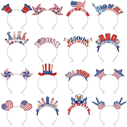 Blosssound 16 Pcs 250th Anniversary USA Headband 250th USA Patriotic Party Favor Gift Paper Head Bopper Independence Day Headwear Dress up 4th of July Party Costume Accessories Photo Prop Decor Supply - style: 4th of July