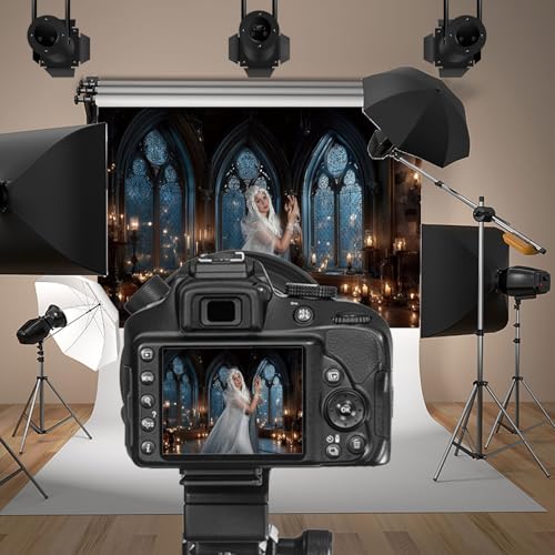 Vintage Castle Wall Backdrop Photography 12x8ft Night Candlelight Gothic Fantasy Castle Ancient Arch Window Background Halloween Backdrops Wedding Birthday Party Decorations Props Video - color: dark blue-1, size: 12x8ft