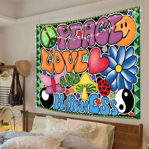 F-FUN SOUL Peace Love and Happiness Tapestry, 100x90inches Soft Flannel, Mushroom Psychedelic Tapestries 70s Theme Tapestry Wall Hanging for Bedroom Living Room Decor GTZYFS1339 - size: 100"L x 90"W