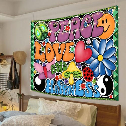 F-FUN SOUL Peace Love and Happiness Tapestry, Groovy Tapestries 80x60inches, 70s Theme Tapestries Hippie Aesthetic Tapestry Wall Hanging for Bedroom Living Room Decor GTZYFS194 - size: 80"L x 60"W