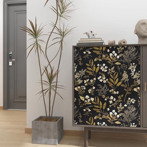 Laatse Vintage Wallpaper Peel and Stick Black Floral Wallpaper 17.5'' x 393'' Gold Leaf Contact Paper Vinyl Waterproof Self Adhesive Boho Botanical Wall Paper for Bedroom Shlef Cabinet Décor - color: Black&Golden, size: 393" x 17.5"