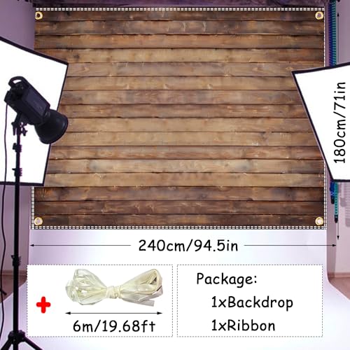 Large Wood Backdrop 8x6ft Polyester Brown Backdrop Photographers Retro Rustic Wood Wall Background Cloth Seamless Backdrops Props with 19.68ft Ribbon - color: Wood, size: 8x6 Ft