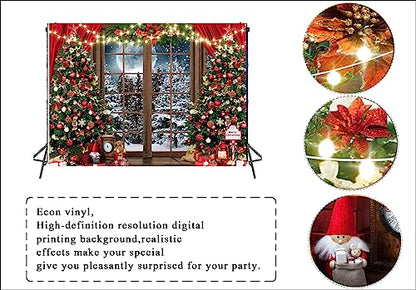 10x8ft Christmas Window Backdrop Snowy Winter Holiday Photo Booth Banner Xmas Tree Decor Backdrop Xmas Party Background Family Holiday Photography Background 229 - size: 10x8ft