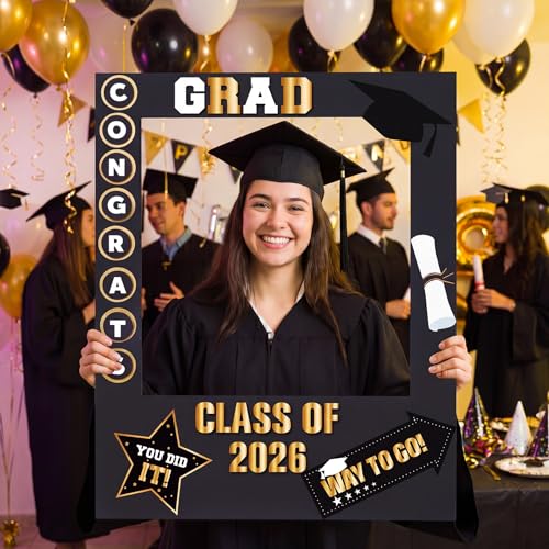 RattanView 2026 Graduation Photo Booth Props Frame Class of 2026 Congrats Grad Selfie Picture Frame, Cardboard Large Photo Booth Prop for High School & College Graduation Party Decorations - style: Grad