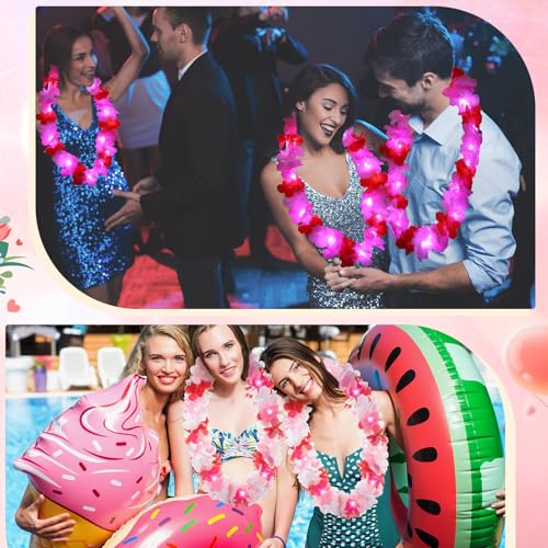 Sherr 24 Pcs LED Leis Light Up Wedding Hawaiian Leis Flower Necklace with LED Lights Beach Tropical Carnival Party Wedding Supplies Luau for Masquerade - color: Red Pink White