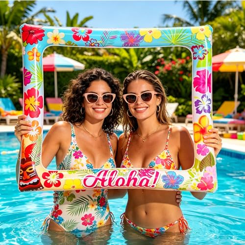 37 PCS Hawaiian Luau Photo Booth Props Set, LMSHOWOWO Inflatable Aloha Photo Booth Frame, Funny Summer Selfie Props for Hawaiian Party Decorations Tropical Luau Tiki Summer Pool Beach Party Supplies - color: Hawaii Aloha