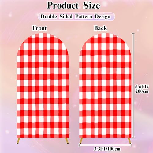 6.6FT Wedding Arch Backdrop Cover Red White Gingham Seamless Checkered Texture for Picnic Blanket Spandex Fitted Fabric Round Top Stretchy Stand Covers for Baby Shower Birthday Party Decoration - color: Color5, size: 6.6x3.3 FT