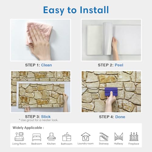 COMSTICKC 3D Faux Stone Wall Panels Peel and Stick, 12 Pcs 22.8" x 11.8", DIY UrltraLight PVC Fake Stone Textured Self Adhesive Wall Panels for Kitchen, Living Room Background, Covers 22.48 sq.ft - color: Brown Stone