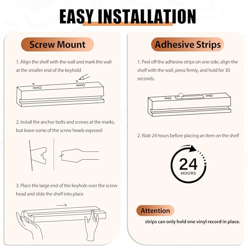 Vinyl Wall Mount No Drill with 2 Mount Options(Adhesive & Screws), 6 Pack Solid Walnut Wood Record Display No Screws, Record Shelves for Wall, Album Magazine, Record Shelf, Vinyl Holder Wall