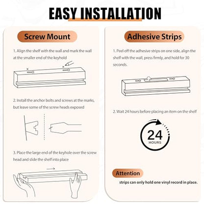 Vinyl Wall Mount No Drill with 2 Mount Options(Adhesive & Screws), 6 Pack Solid Walnut Wood Record Display No Screws, Record Shelves for Wall, Album Magazine, Record Shelf, Vinyl Holder Wall