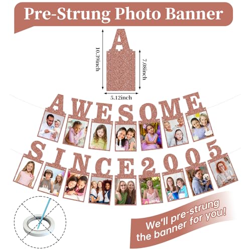 Pre-strung Awesome Since 2005 Photo Banner Birthday Decorations for Her Women- Pink Rose Gold Glitter Happy 21st Birthday and Anniversary Decorations Party Supplies - style: Pink Rose Gold 21st