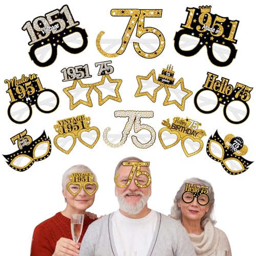 Turypaty 24Pcs 1951 75th Birthday Paper Glasses Decorations for Men Women - Black Gold Happy 75th Birthday Paper Eyeglasses Photo Props, Vintage 1951 Seventy-five Years Old Birthday Party Supplies - style: Black Gold 75th