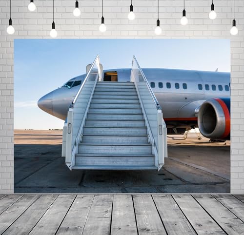 BELECO 9x6ft Fabric Airplane Backdrop Passenger Aircraft with Boarding Steps at The Airport Apron Background for Party Decorations Birthday Shoot Studio Booth Photo Props - size: 9x6FT
