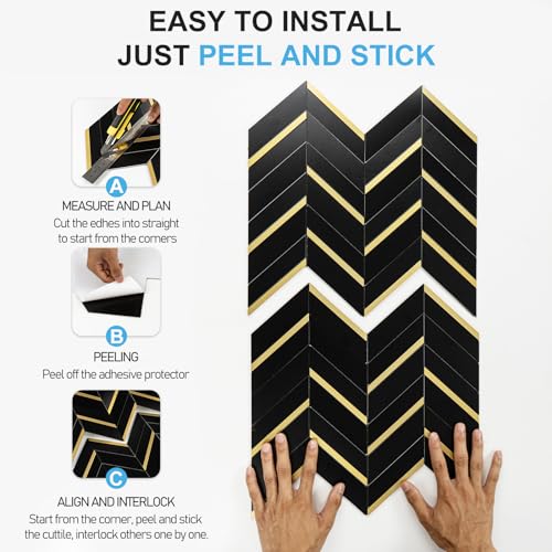 Peel and Stick Backsplash Tile, Black Marble Herringbone with Gold Metal Look, 10 Sheets Self Adhesive PVC Wall Tile, Waterproof & Heat Resistant for Kitchen, Bathroom, RV, Fireplace - color: Black Mixed Gold Metal