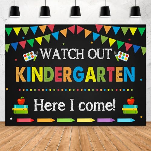 Kindergarten Graduation Back to School Backdrop 7x5ft Watch Out Here I Come First Day of School Preschool Kids Classroom Party Decoration Supplies Banner Photo Booth Studio Prop - size: 7x5