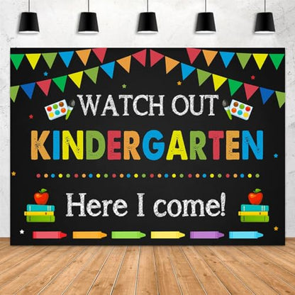 Kindergarten Graduation Back to School Backdrop 7x5ft Watch Out Here I Come First Day of School Preschool Kids Classroom Party Decoration Supplies Banner Photo Booth Studio Prop - size: 7x5
