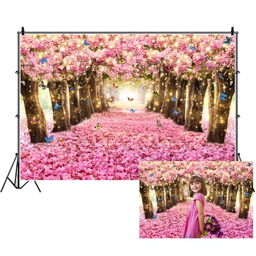 Renaiss 5x3ft Pink Cherry Blossom Backdrop Fairy Tale Romantic Pink Flowers Tree Butterfly Floral Petal Falling Boulevard Photography Background for Wedding Newborn Party Decor Photo Props - color: WSNWH23234, size: 5x3ft