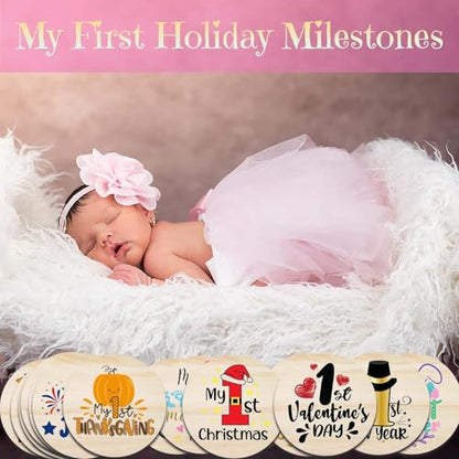 My First Holiday Milestone Cards Sign, Double Sided Newborn Photo Props Pregnancy Journey Baby Shower My First Holiday Anniversary Milestone Wooden Discs - color: Baby First Holidays