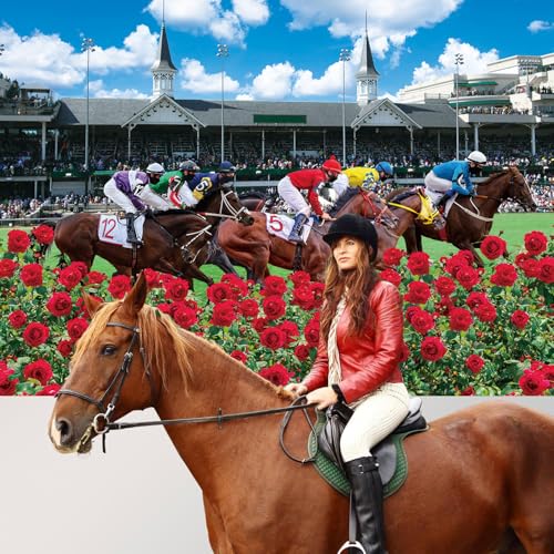 Red Rose Garden Racecourse Photography Background 7x5FT Horse Racing Run for The Roses Banner Horse Party Decorations Supplies - size: 7x5FT: 84x60 inch