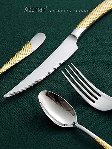 16 Piece Hammered Silver Gold Silverware Set, Modern Golden 18/10 Stainless Steel Flatware Set, Kitchen Utensil Set Service for 4, Tableware Cutlery Set, Knives Forks Spoons Set - color: Silver Gold