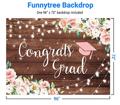 Funnytree 96" x 72" Congrats Grad Backdrop Flower Wood Board Class of 2026 Graduation Background College Prom Party Event Decor Banner Portrait Photobooth Cake Table Selfie Prop Studio Photography - size: 96 x 72 in
