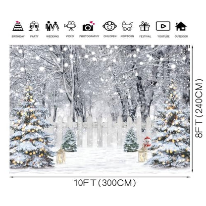 8x6ft Christmas Backdrop Winter Snow Forest White Fence Background Christmas Trees String Lights Lantern Snowman Photography Backdrop Holiday Party Banner Home Decor 115 - size: 8x6ft
