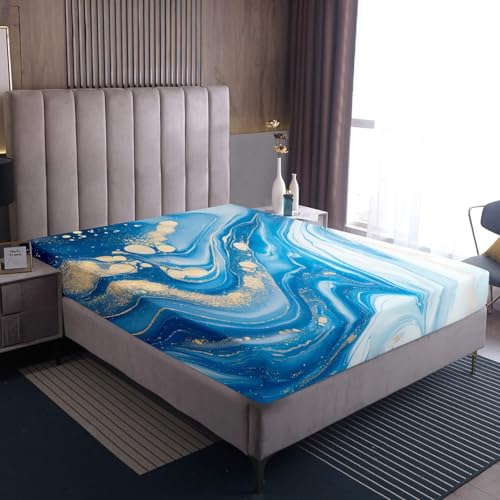 Erosebridal Blue White Marble Bedding Set Twin Size, Gold Glitter Abstract Marbling Bed Sheets Artwork Watercolor Stone Pattern Fitted Sheet Liquid Quicksand Sheets for Kids Teens Adult - color: Aqua Blue White, size: Twin