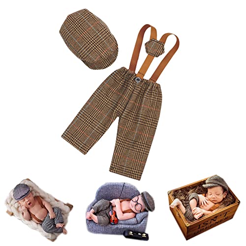 Newborn Monthly Baby Photo Props Stripe Checked Flat Cap Newsboy Suspender Pants Romper for Photography Outfits - color: Dark Coffee