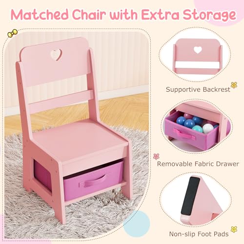 Costzon Kids Vanity, Girls Vanity Set with Lighted Mirror, Bookshelf, Jewelry Storage, Toddler Makeup Vanity Desk Dressing Table, Wooden Kids Vanity Table and Chair Set (Pink) - style: Pink