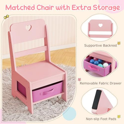 Costzon Kids Vanity, Girls Vanity Set with Lighted Mirror, Bookshelf, Jewelry Storage, Toddler Makeup Vanity Desk Dressing Table, Wooden Kids Vanity Table and Chair Set (Pink) - style: Pink