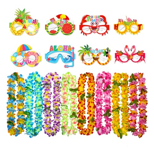 GoodUping 16pcs Hawaiian Leis Party Set with 8 Necklaces and 8 Photo Booth Glasses for Tropical Luau, Summer Beach Birthday, Pool Party Decorations & Favors - size: 16pcs