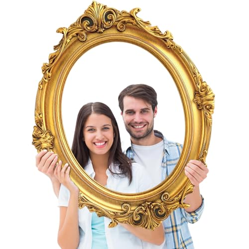 Large Photo Booth Props 32 x 24 Inch Gold Picture Selfie Frame Vintage Photo Round Frame Creative Friends Party Selfie Props Corrugated Plastic Accessories for Wedding Birthday Bachelorette Supplies