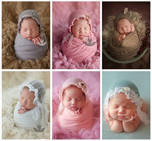 Coberllus Newborn Photography Props Girls Boys Fabric Bonnet Hat Cap & Wrap Blanket Posing Basket Stuffer Photoshoot Prop Set