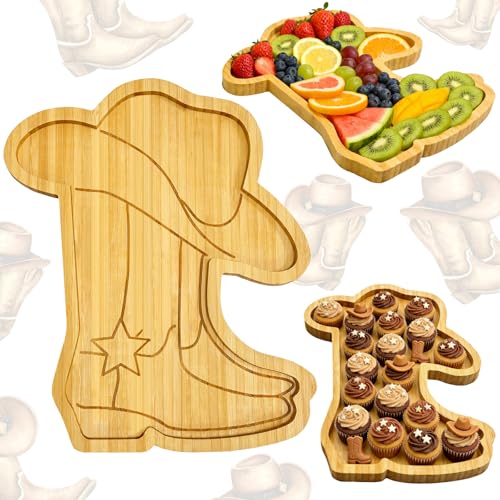 1Pcs Wooden Western Birthday Decorations Cowgirl Cowboy Baby Shower Party Supplies Tableware Boot Trays Boots or Bows Gender Reveal Decorative Fillable Charcuterie Board First Rodeo Platter for Food - color: Wooden Boot Hat