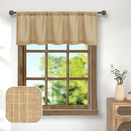 Pitalk Burlap Color Linen Window Valance for Kitchen 3 Inch Rod Pocket Semi Sheer Primitive Rustic Farmhouse Valance Curtain Topper for Bedroom Living Room Dining Bathroom 18 Inch Length Tan Brown - color: Tan Brown