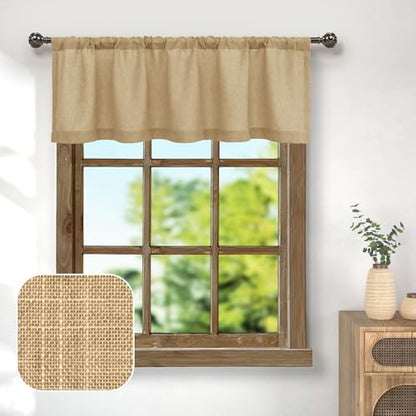 Pitalk Burlap Color Linen Window Valance for Kitchen 3 Inch Rod Pocket Semi Sheer Primitive Rustic Farmhouse Valance Curtain Topper for Bedroom Living Room Dining Bathroom 18 Inch Length Tan Brown - color: Tan Brown
