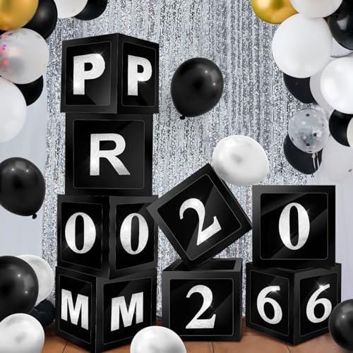Sinmoe 8 Pcs Prom Decorations for Party 2026 Prom Column Standup 12 Inches PVC Sparkle Balloons Boxes Set Graduation Senior Night Decorations for 2026 Masquerade Graduation Photo Booth(Black Silver) - color: Black Silver