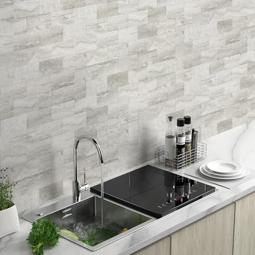 Vamos Tile 100-Piece Matt Beige Mixed Grey Slate Peel and Stick Backsplash Seamless Tile,3''x6'' PVC Subway Tile,Stick on Backsplash for Kitchen/Bathroom/Laundry Room - color: Beige & Grey Slate