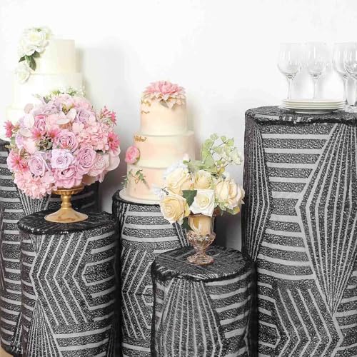 Efavormart Set of 5 Black Sequin Mesh Cylinder Display Box Stand Covers with Geometric Pattern Embroidery, Sparkly Sheer Tulle Pedestal Pillar Prop Covers - color: Black, size: Cylinder sequin geometric cover