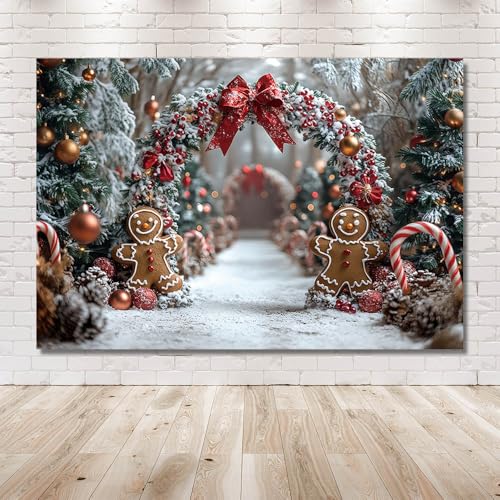 AIBIIN 7x5ft Winter Christmas Gingerbread Man Backdrop Snowy Christmas Tree Arch with Candy Canes and Red Bows Photo Background Holiday Winter Wonderland Birthday Party Baby Shower Vinyl Studio Prop - color: Gingerbread Man, size: 7x5ft